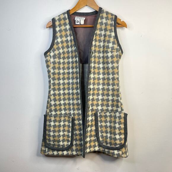 Vintage 60s 70s Patty Woodard Wool houndstooth Plaid Long mod Vest womens 10 S M - Picture 1 of 10